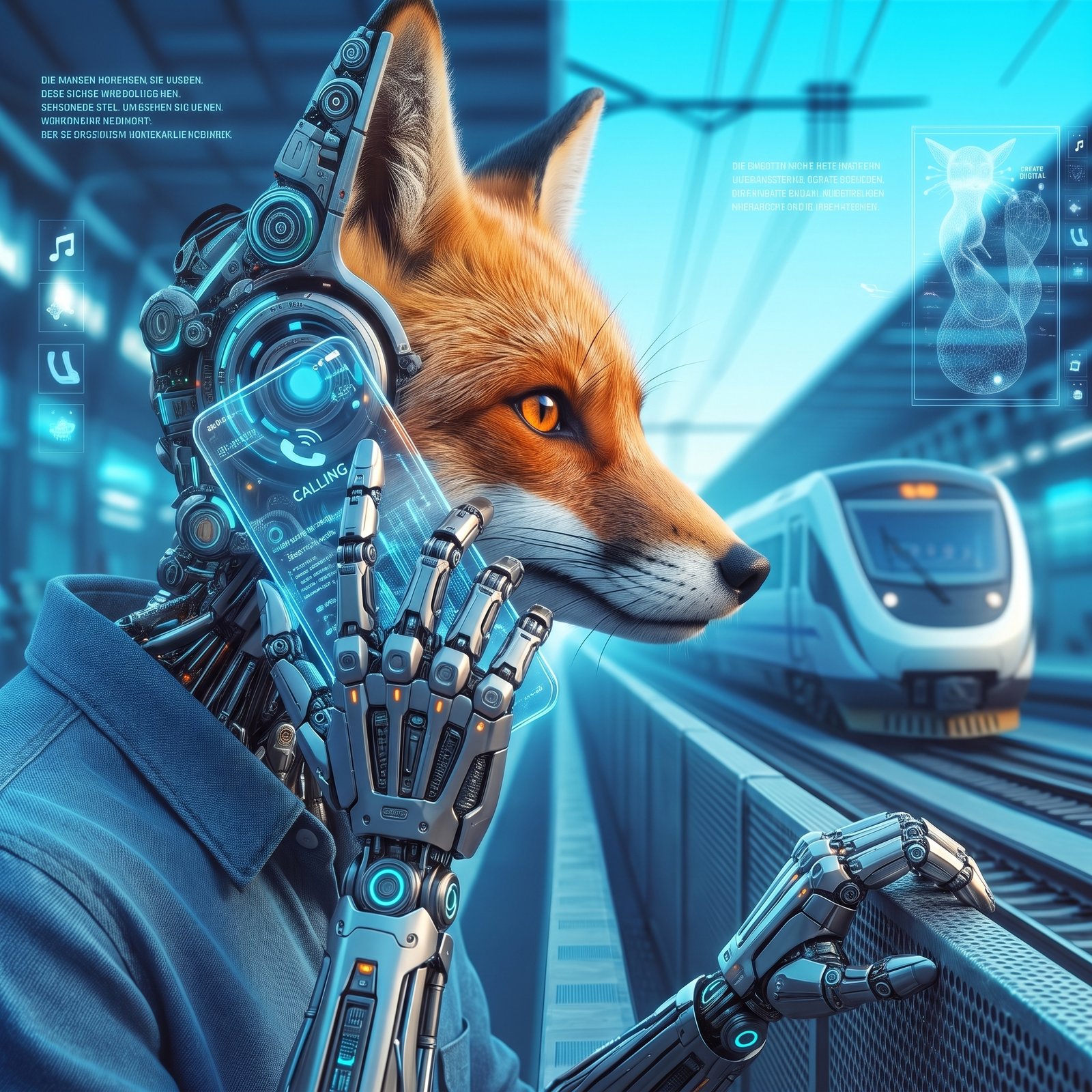 KI-Roboterfuchs telefoniert am Bahnsteig – Sinnbild für Kontakt