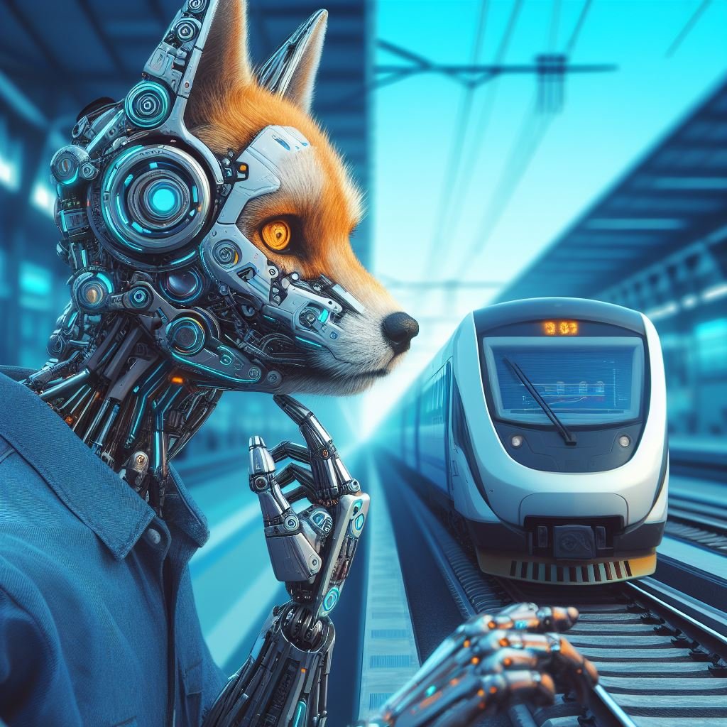Nachdenklicher KI-Roboterfuchs am Bahnsteig – Sinnbild für meinen Weg in die digitale Welt