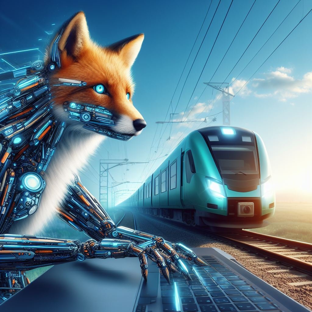 KI-Roboterfuchs programmiert am Laptop vor einem Zug – Sinnbild für meine Projekte