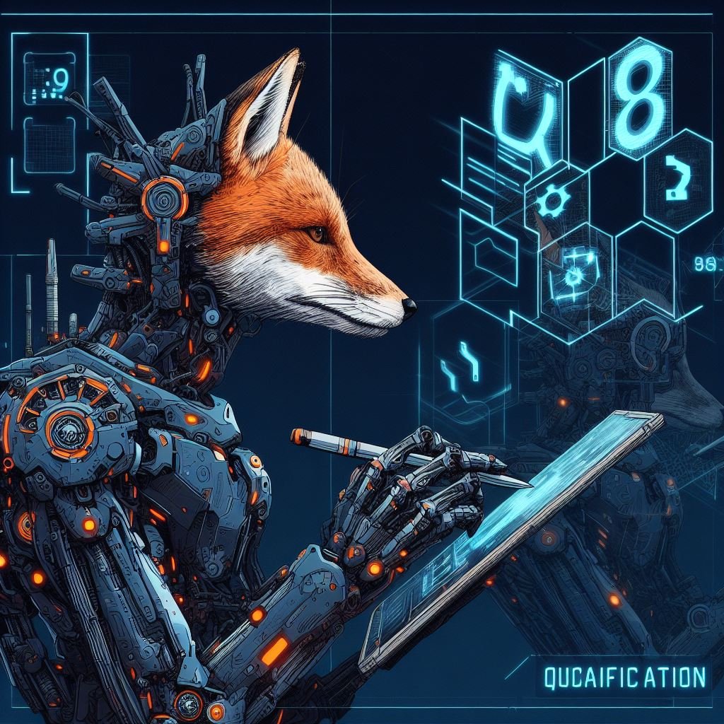 KI-Roboterfuchs mit Tablet und Qualifikations-Symbolen – Sinnbild für Weiterbildung